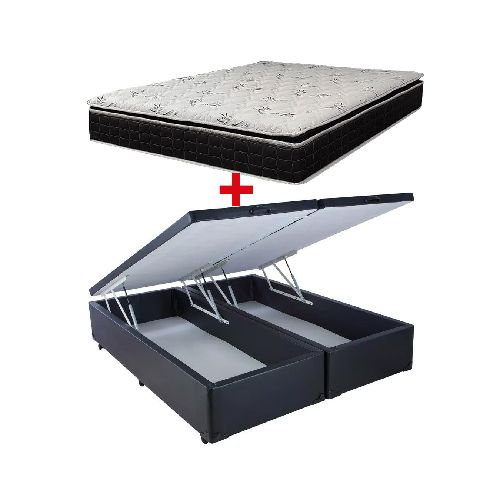 Cama Doble Baúl PU 2 Plazas + Colchón Espuma EPS D60 Pillow Top