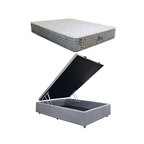 Cama Baúl 2 Plazas Lino + Colchón Resortes Pocket Titanium