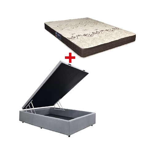 Cama Baúl 2 Plazas Lino + Colchón Espuma D28 Confort