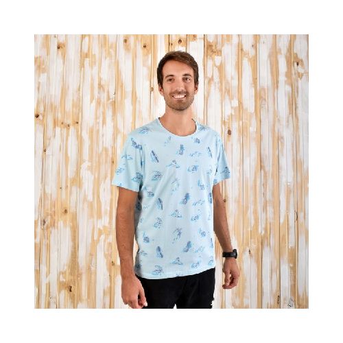 Remera Aves del Plata™ Estampada Hawaii , Palmeras, Surf,Celeste  