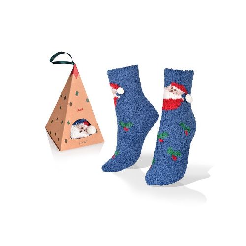 Medias de Navidad Santa Claus en fondo azul caja triangular  