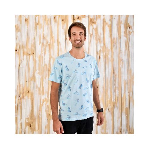 Remera Aves del Plata™ Estampada Hawaii , Palmeras, Surf,Celeste - Aves del Plata