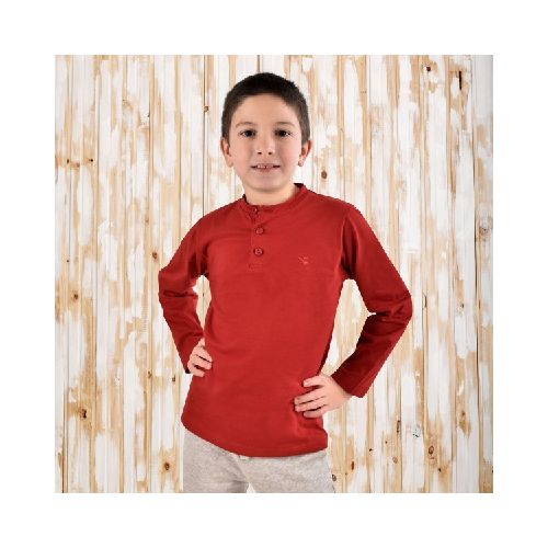 Remera Henley Manga Larga 100% Algodon Niño Color Cereza  