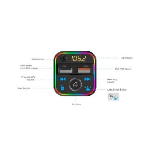 Sintonizador Cargador Emisor Radio Fm Bluetooth Con 2 Usb 3.0 30w Microsd Luces Led Rgb