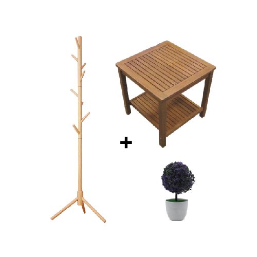 Mesa Ratona 2 niveles Madera + Perchero + Planta Decorativa