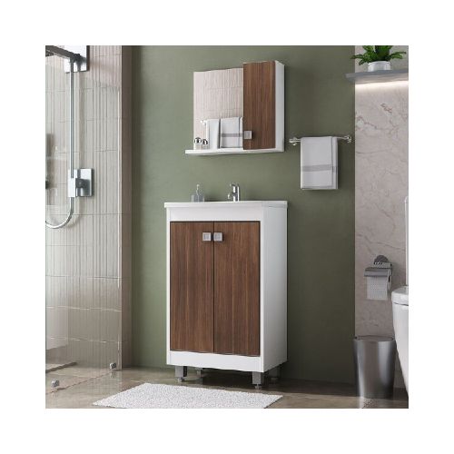 MUEBLE DE BAÑO 45 CM CON MESADA Y ESPEJO - BLANCO/CASTAÑO