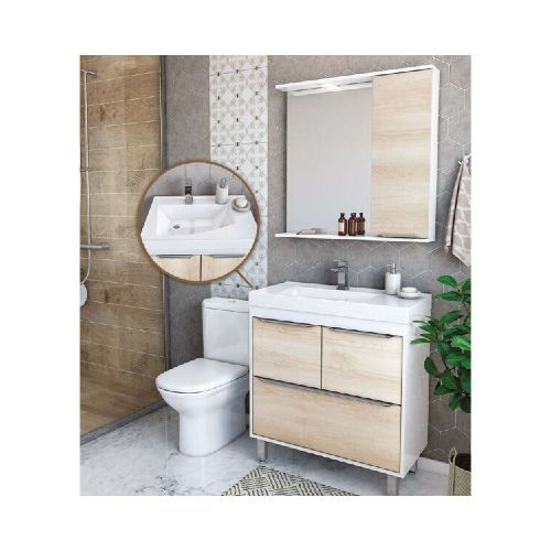 MUEBLE DE BAÑO 60 CM CON MESADA Y ESPEJO CON LUZ - BLANCO/LEGNO