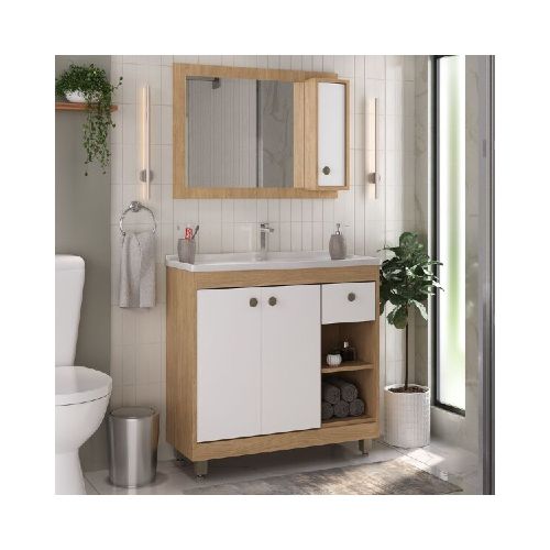 MUEBLE DE BAÑO 80 CM CON MESADA Y ESPEJO - BLANCO/NATURAL