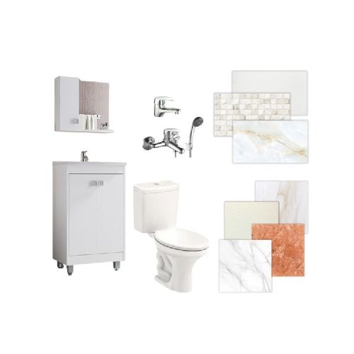 BAÑO COMPLETO N°2 INODORO CON MOCHILA + MUEBLE DE BAÑO 45 CM CON ESPEJO + GRIFERIA + CERAMICA DE PISO Y PARED