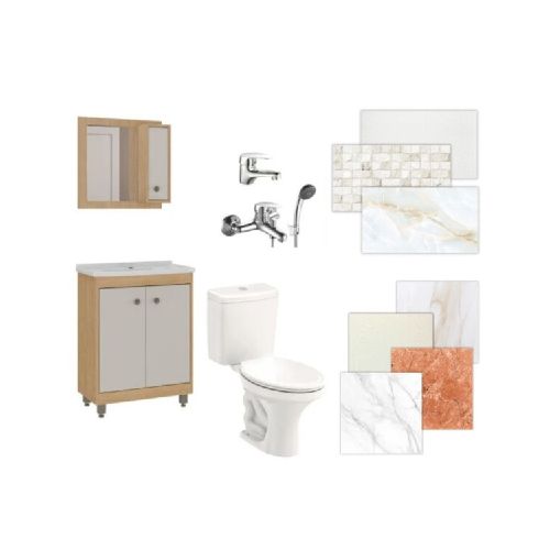 BAÑO COMPLETO N°3 INODORO CON MOCHILA + MUEBLE DE BAÑO 60 CM CON ESPEJO + GRIFERIA + CERAMICA DE PISO Y PARED