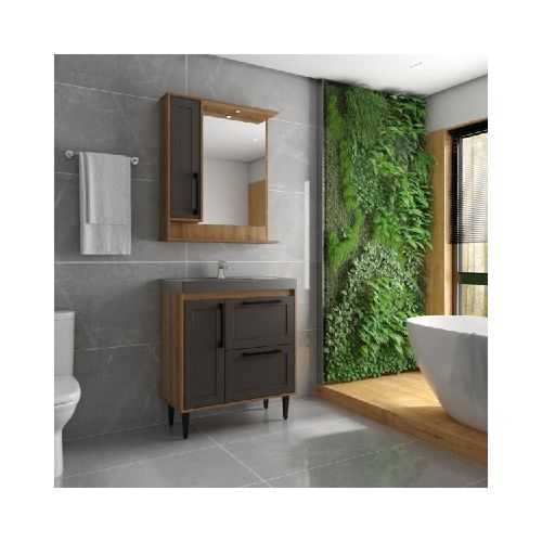 MUEBLE DE BAÑO 80 CM CON MESADA Y BOTIQUIN CON ESPEJO - MIEL/GRAFITO