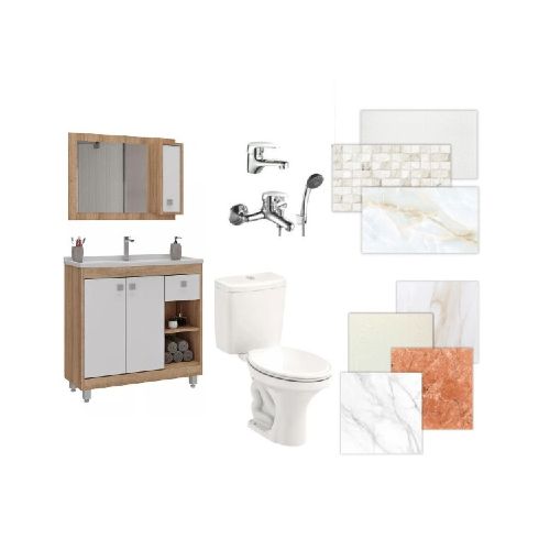 BAÑO COMPLETO N°5 INODORO CON MOCHILA + MUEBLE DE BAÑO 80 CM CON ESPEJO + GRIFERIA + CERAMICA DE PISO Y PARED