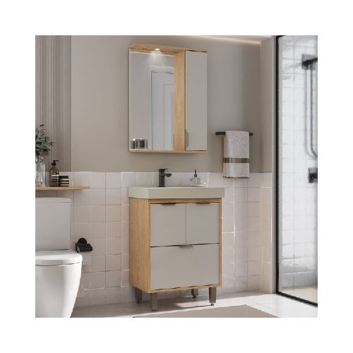 MUEBLE DE BAÑO 60 CM CON MESADA Y ESPEJO - CARVALHO NATURAL/ARENA