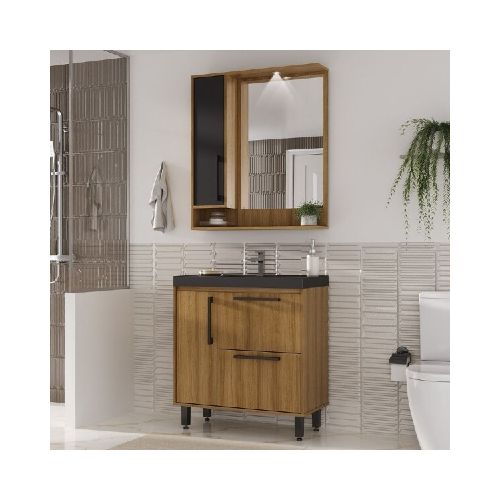 MUEBLE DE BAÑO 80 CM CON MESADA Y BOTIQUIN CON ESPEJO - MIEL/NEGRO