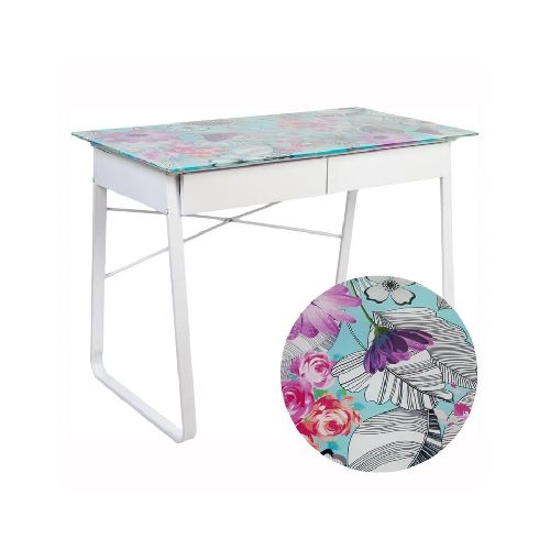 Escritorio simple Floral de metal y vidrio con cajones multicolor Just Home Collection