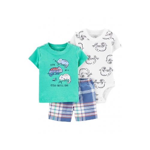 SET 3PC DE ALG CON SHORT REMERA MC Y BODY MC ESTAMPADO CAMALEON BEBE 12 MESES