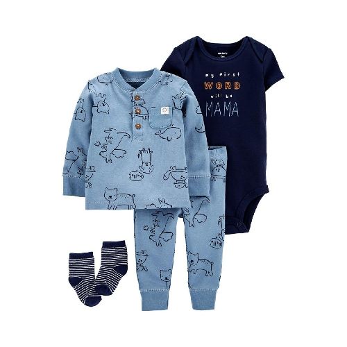 SET DE CUATRO PIEZAS PANTALON BODIE BUZO Y MEDIAS BEBE CARTERS 3M