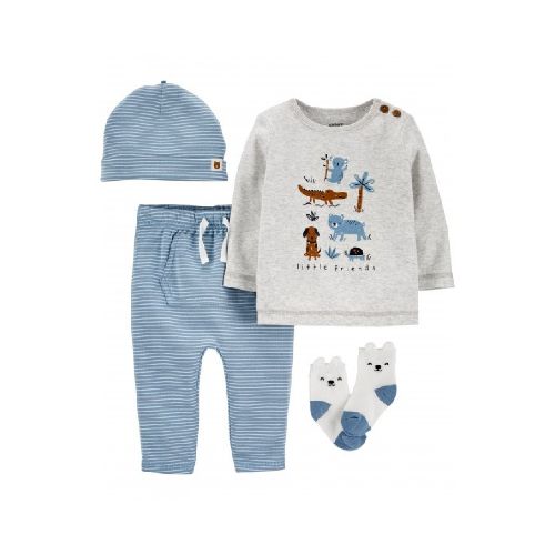 SET DE CUATRO PIEZAS CON PANTALON BUZO GORRITO Y MEDIAS BEBE CARTERS 6M