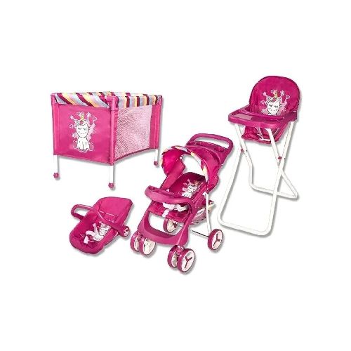 Set 4 Piezas Coche de Muñeca, Baby Silla, Practicuna y Silla de Comer