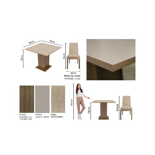 Juego de Comedor Deisa Mesa tapa Madera 4 sillas Tapizadas en Tela Rústica color Crema