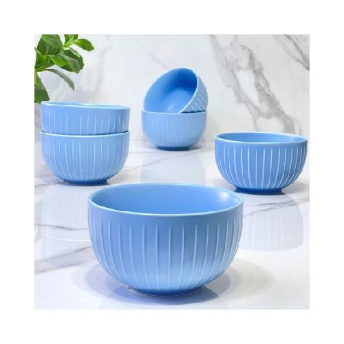 Juego De 6 Bowls Rayas Celeste Cerámica Ø14cm x Alto 8cm