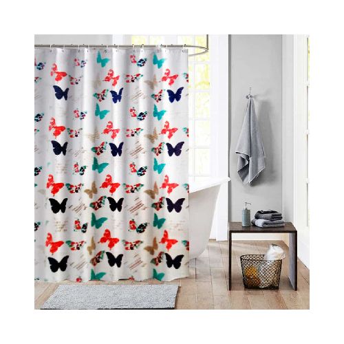 Cortina de Baño Ducha Diseño Mariposas 180x180 cm Kit con Ganchos