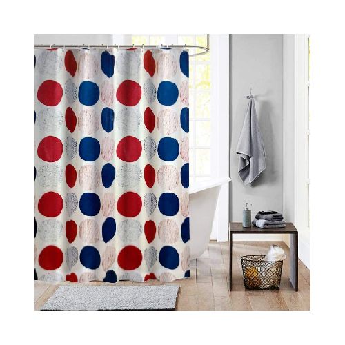 Cortina de Baño Ducha Diseño Circulos Rojos y Azules 180x180 cm Kit con Ganchos