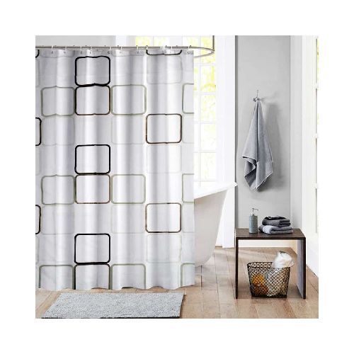 Cortina de Baño Ducha Diseño Cuadros 180x180 cm Kit con Ganchos