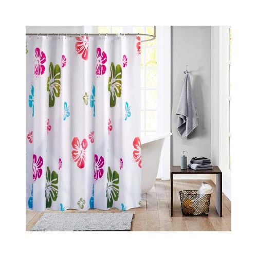 Cortina de Baño Ducha Diseño Hibicus 180x180 cm Kit con Ganchos