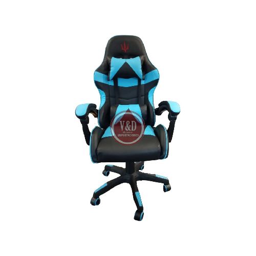 SILLA GAMER AZUL Y NEGRO RECLINABLE CUERO SINTETIC 