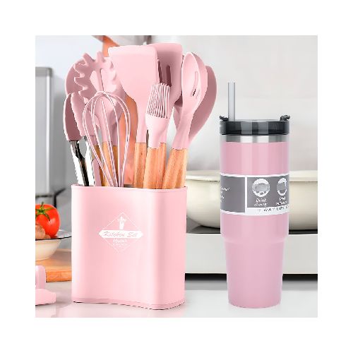 Juego de Menage Rosa en Silicona y Madera 13 Piezas + Mug Vaso Térmico Grande 900ml Rosa Acero Inox Doble Pared con Tapa y Sorbete