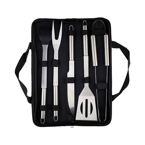 Set de Asador 5 Piezas de Acero Inoxidable: Tenedor, Cuchillo, Pincel, Espátula y Pinza + Estuche