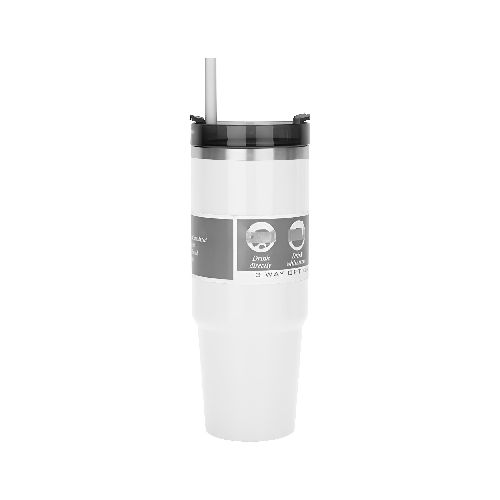 Mug Vaso Térmico Grande 900ml Acero Inox Doble Pared con Tapa y Sorbete, Mantiene Frío hasta 24h y Caliente 12h - Blanco