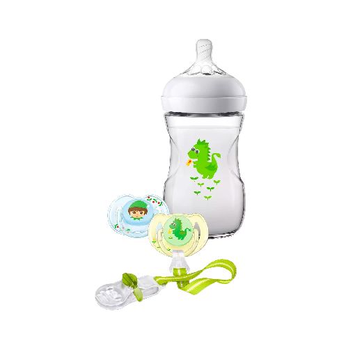 Kit Regalo PHILIPS AVENT para Bebés de 0 a 12m Mamadera 260ml + 2 Chupetes + Pinza - Dragón