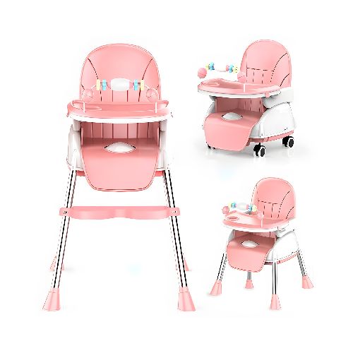 Silla de Comer para Bebé, Multifunción, Plegable, con Cinto de Seguridad, Altura Ajustable y Varias Configuraciones + Barra de Juguetes - Rosa