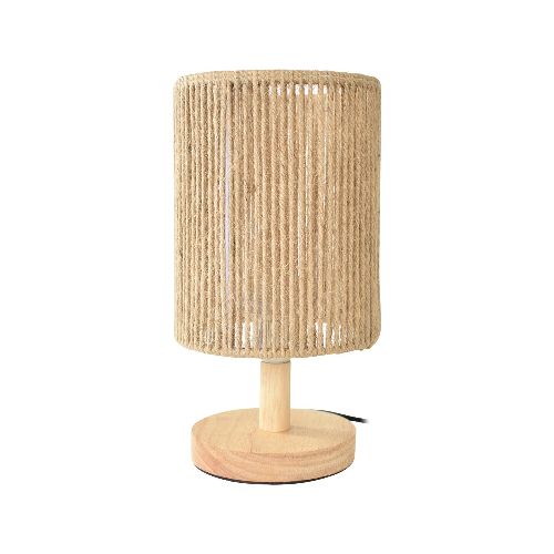 Lámpara de Mesa Estilo Boho con Pantalla de Cuerdas de Sisal y Base de Madera. Rosca E27 - Beige