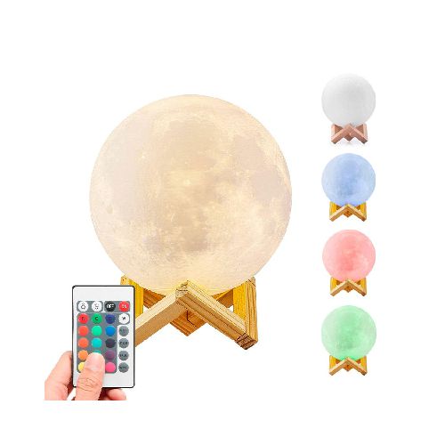 Lámpara Veladora LUNA de 15cm con Base de Madera Luces LED RGB Control Táctil y CONTROL REMOTO