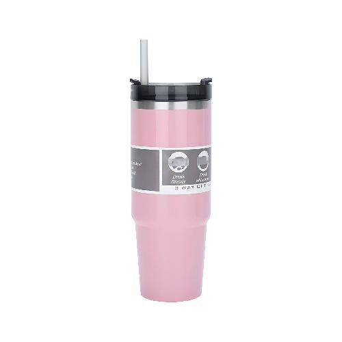 Mug Vaso Térmico Grande 900ml Acero Inox Doble Pared con Tapa y Sorbete, Mantiene Frío hasta 24h y Caliente 12h - Rosa