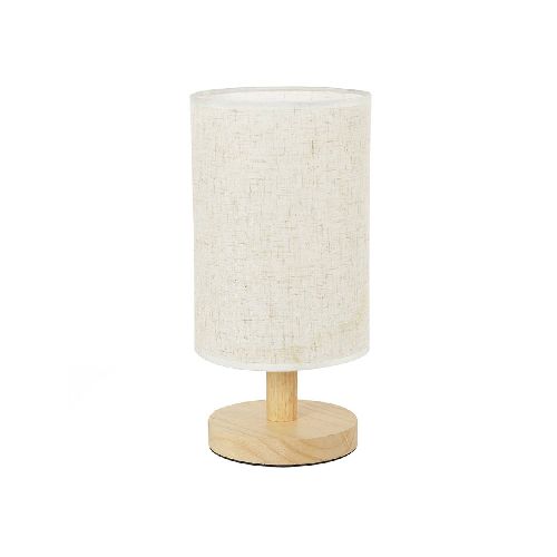 Lámpara de Mesa Minimalista con Pantalla Cilíndrica de Lino y Base de Madera, Rosca E27 - Beige