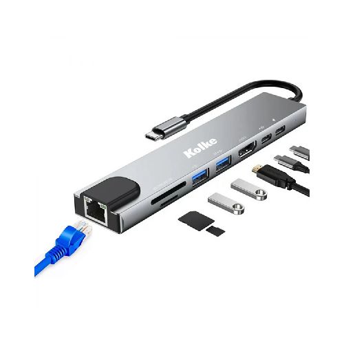 HUB USB-C KOLKE 8 en 1 con puertos USB 3.0, Tipo C, SD, Micro SD, HDMI, TF y RJ45