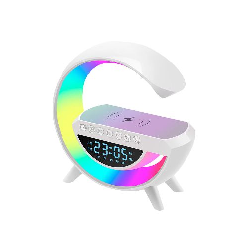 Parlante G Lámpara Veladora con Luz LED RGB Configurable, Batería Recargable, Bluetooth, Display, Cargador Inalámbrico para Celular, Reloj, Alarma y Radio FM