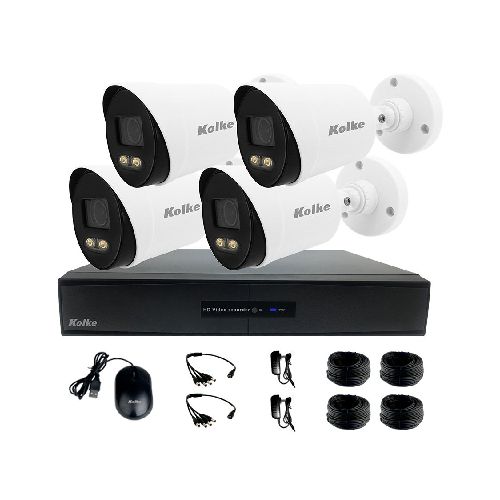 Kit de Seguridad KOLKE XVR FullHD 1080p 8 Canales + 4 Cámaras Bullet 2MP con Tecnología ColorVu + Accesorios