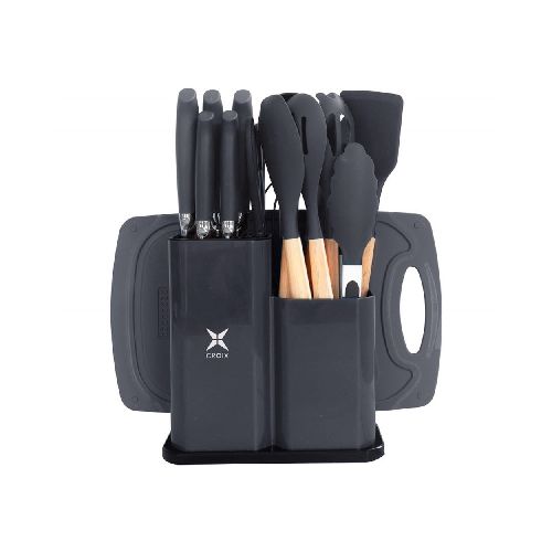 Set de Cocina CROiX 19 Piezas con Juego de Menage de Madera y Silicona, Set de Cuchillos, Tabla de Picar y Soporte de Almacenamiento - Gris