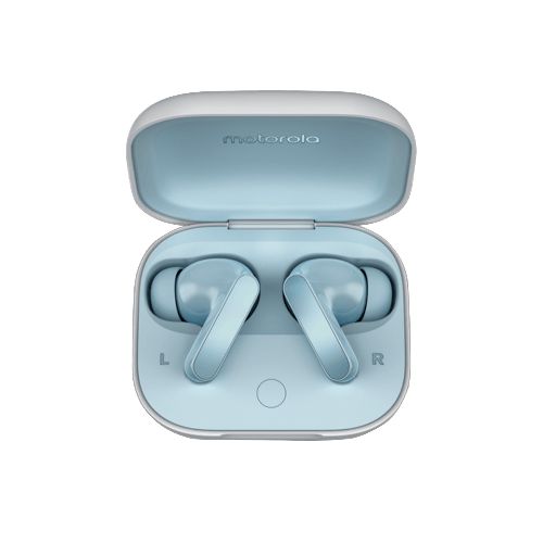 Auriculares Motorola Moto Buds, Audio Hi-Res y Dolby Atmos, Estuche de Carga, Autonomía hasta 42h - Celeste Ilusión