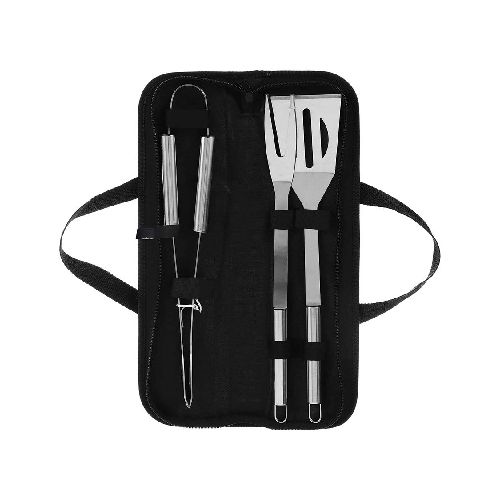 Set de Asador 3 Piezas de Acero Inoxidable: Tenedor, Espátula y Pinza + Estuche