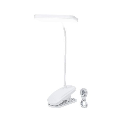 Lámpara LED de Escritorio, Luz Blanca con 3 Niveles de Brillo, Brazo Flexible, Botón Táctil, Batería Recargable por USB y Pinza