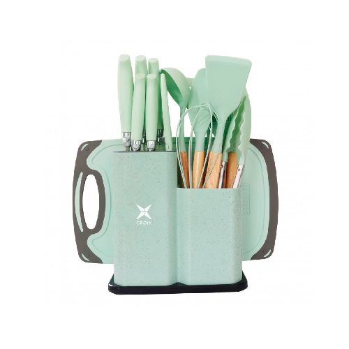 Set de Cocina CROiX 19 Piezas con Juego de Menage de Madera y Silicona, Set de Cuchillos, Tabla de Picar y Soporte de Almacenamiento - Verde