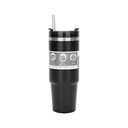 Mug Vaso Térmico Grande 900ml Acero Inox Doble Pared con Tapa y Sorbete, Mantiene Frío hasta 24h y Caliente 12h - Negro