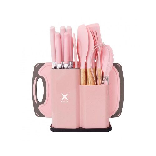 Set de Cocina CROiX 19 Piezas con Juego de Menage de Madera y Silicona, Set de Cuchillos, Tabla de Picar y Soporte de Almacenamiento - Rosa