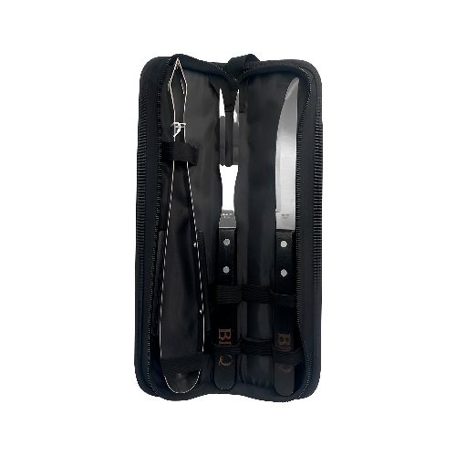 Set Asador de 3 Piezas de Acero Inoxidable con Mango de Madera Negro y Estuche